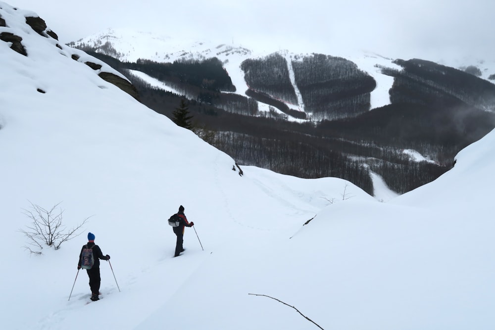 two men walking beside cliff