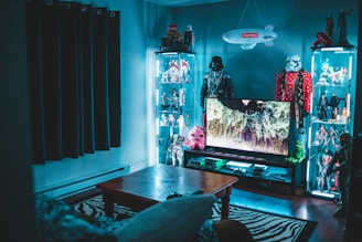A room filled with collectible action figures and memorabilia, including figures from popular franchises like Star Wars. Illuminated glass display cabinets line the walls, each showcasing various figurines. A television displays a nature scene, sitting atop a stand filled with assorted gaming consoles or entertainment devices. The room has a modern and organized appearance with a cozy ambiance. A zebra-patterned rug lies under a wooden coffee table, adding a touch of style.