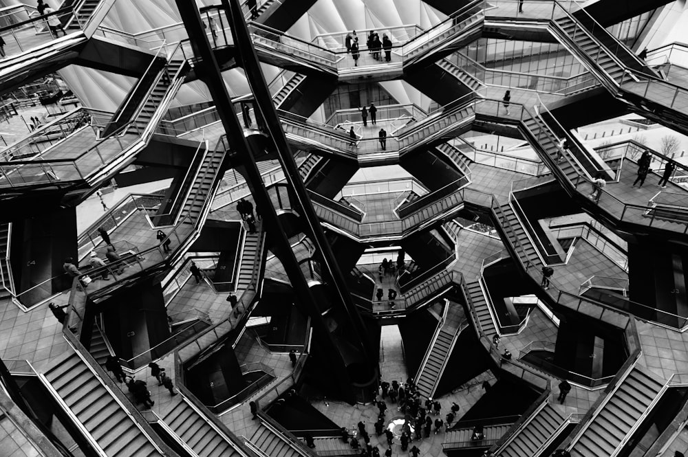 grayscale photo of stairs