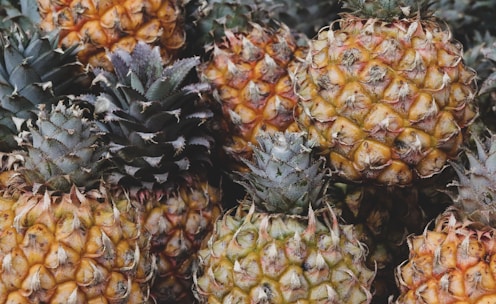 Close-up of ripe pineapples stacked and ready for shipment.