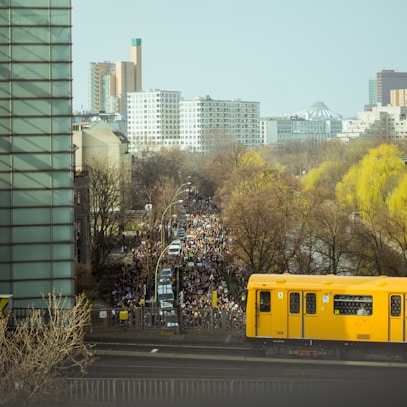 yellow train in city