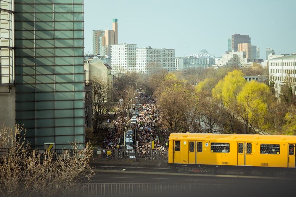 yellow train in city