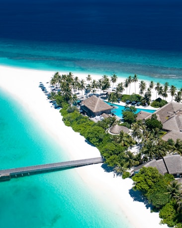 A tropical island resort featuring white sandy beaches and turquoise waters. Palm trees line the shore, and a wooden pier extends into the ocean. Thatched-roof bungalows are nestled among lush greenery, with a clear blue swimming pool visible near the center of the image.