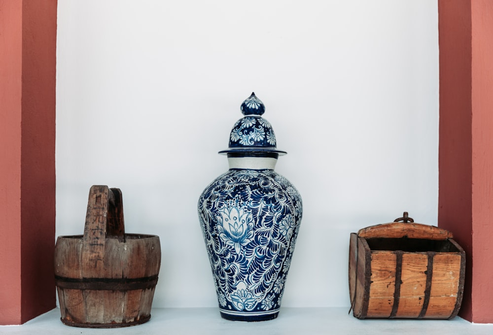 teal and blue floral floor vase