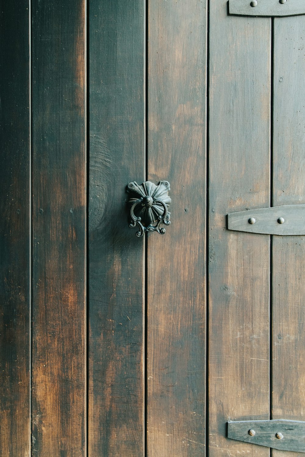 black steel docker mounted on brown wooden door