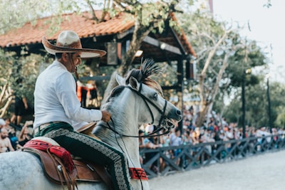 A person wearing traditional attire, including a wide-brimmed hat, rides a white horse in an outdoor setting. There is an audience in the background, indicating some kind of performance or event. The area is surrounded by trees and a rustic building with a tiled roof.