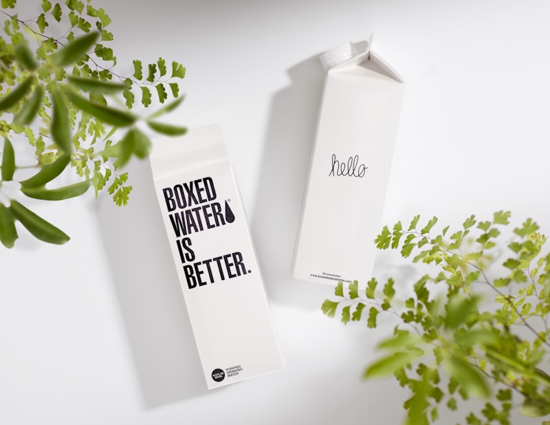 Two Boxed Water cartons on a white surface