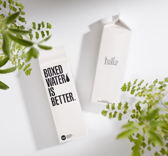 Two Boxed Water cartons on a white surface