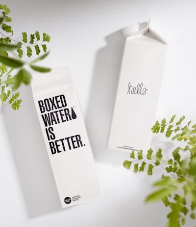 Two Boxed Water cartons on a white surface