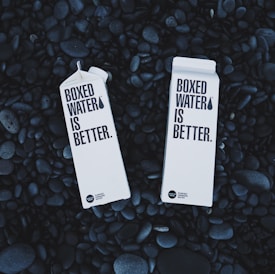 Two cartons labeled 'Boxed Water Is Better' rest on a bed of smooth, dark stones. The cartons are white and feature bold black text, emphasizing an eco-friendly message.