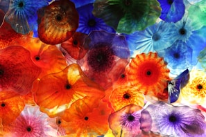 A vibrant display of colorful sea glass arranged artistically.