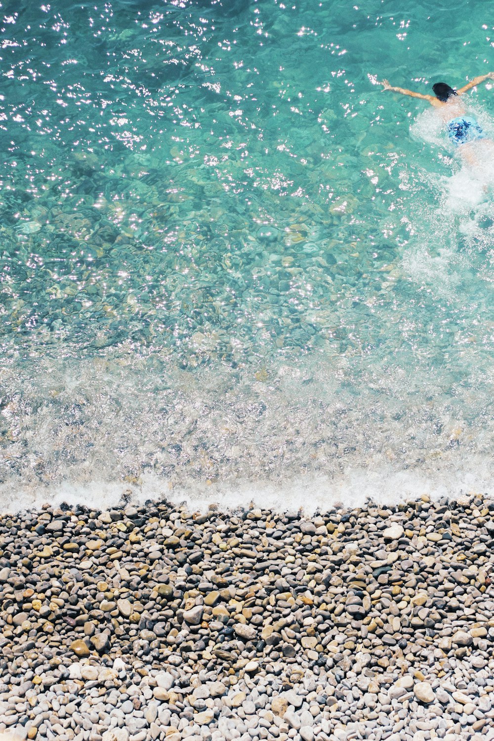 person swimming near shore