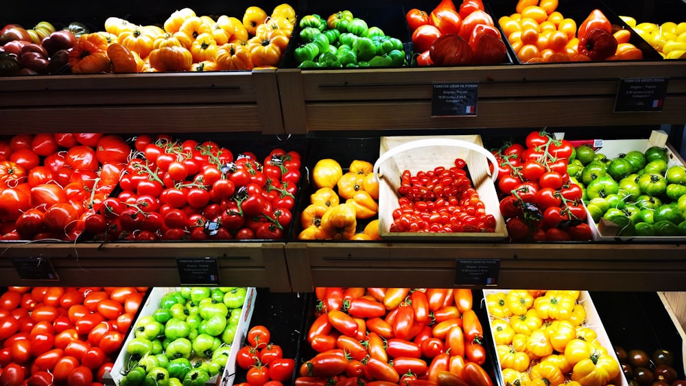 assorted fruits on display in shelves