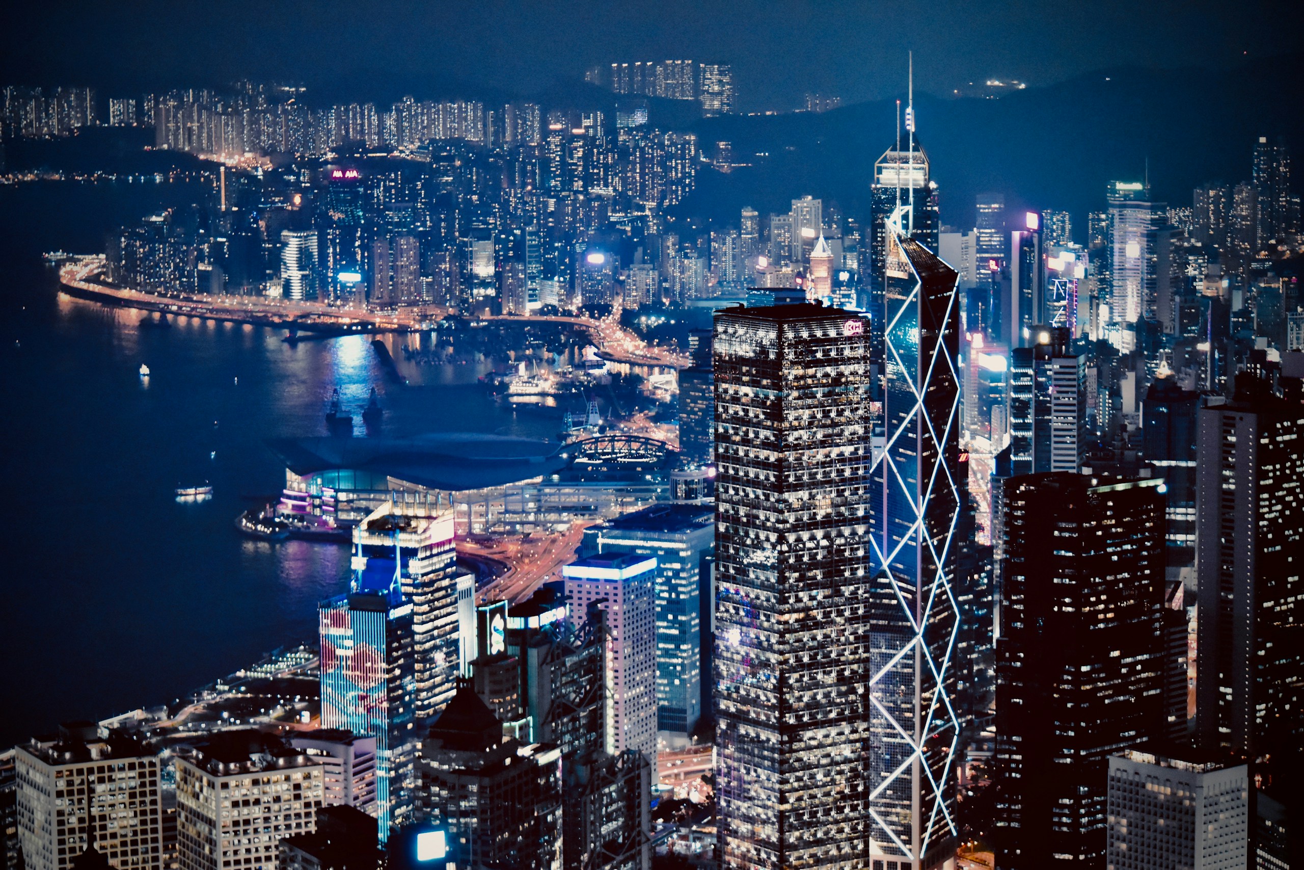 lighted city skyline at night