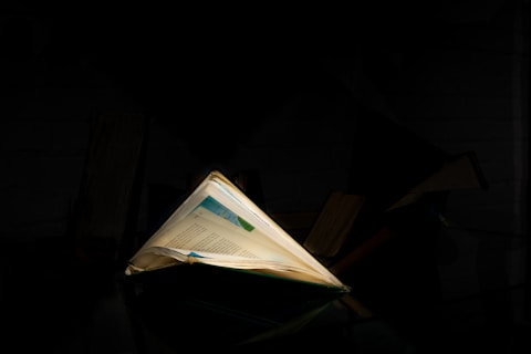 An open book is propped up in a dark environment, illuminated by a soft light that highlights the text and some colorful graphics on the pages. The surrounding area is in deep shadow, and other books are partially visible in the background, contributing to a mysterious and contemplative atmosphere.