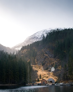 A serene landscape with a rugged mountain covered in trees and patches of snow. In the foreground, there are two wooden cabins near the edge of a calm body of water. A small road or path leads up to a white house situated higher on the mountainside surrounded by dense forest.