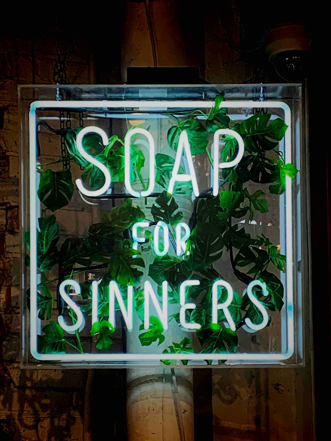 white Soap for Sinners neon signage with green vines