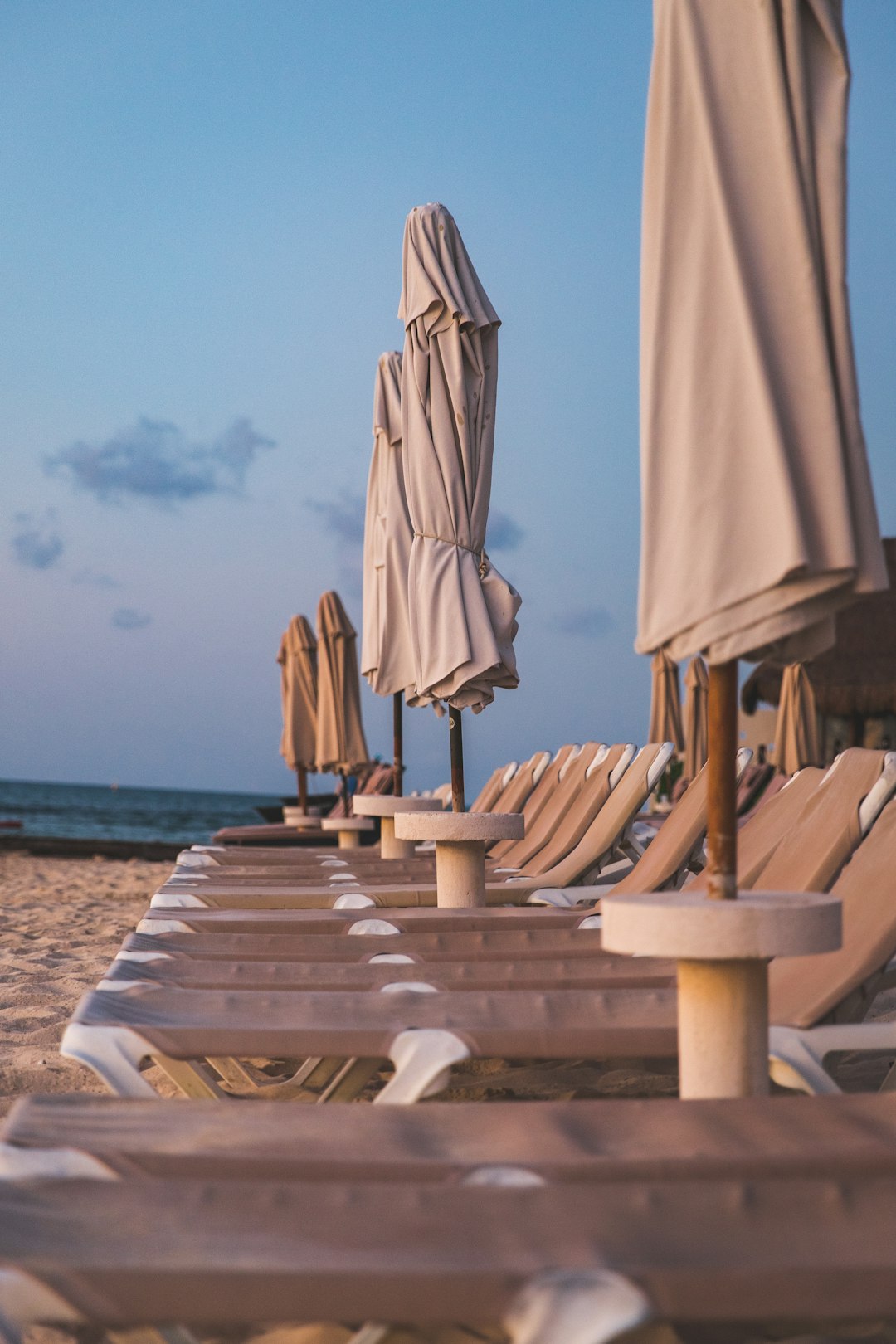 inlined beach sun lounge chairs along beach