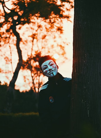 A person wearing a Guy Fawkes mask peeks from behind a tree, with a background of trees silhouetted against a warm, glowing sunset. The individual is dressed in a dark jacket with visible stripes and a circular badge on the chest.