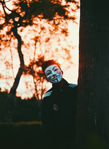 A person wearing a Guy Fawkes mask peeks from behind a tree, with a background of trees silhouetted against a warm, glowing sunset. The individual is dressed in a dark jacket with visible stripes and a circular badge on the chest.