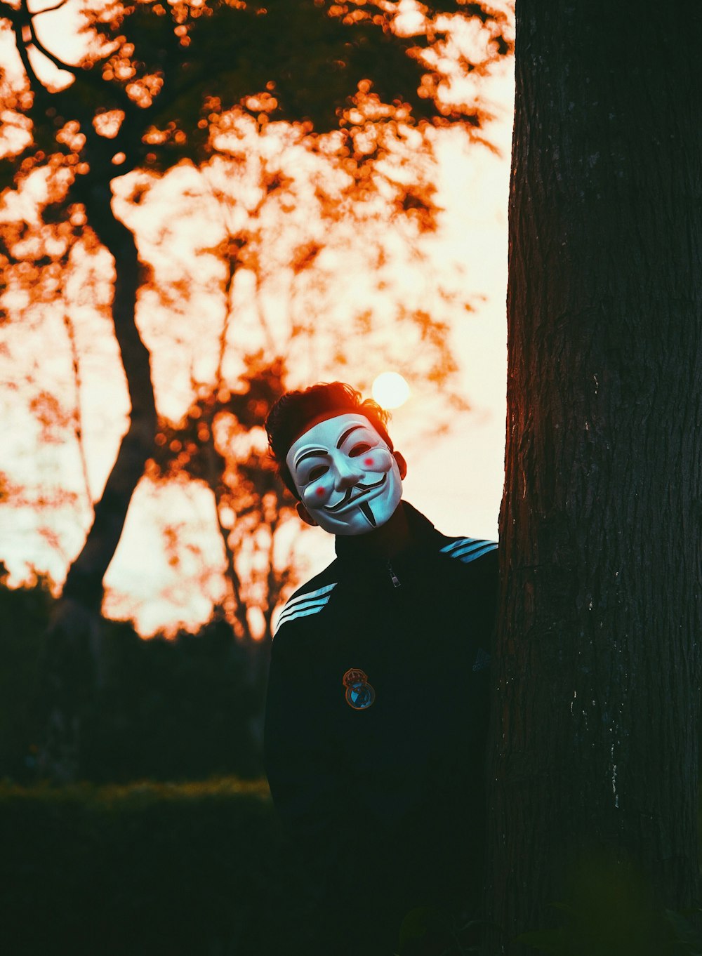 man hiding behind tree