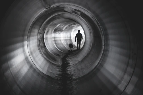 A trainer encouraging a dog through a tunnel obstacle during agility training.
