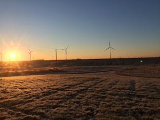 Renewable energy wind turbines turning on a green landscape at sunrise.