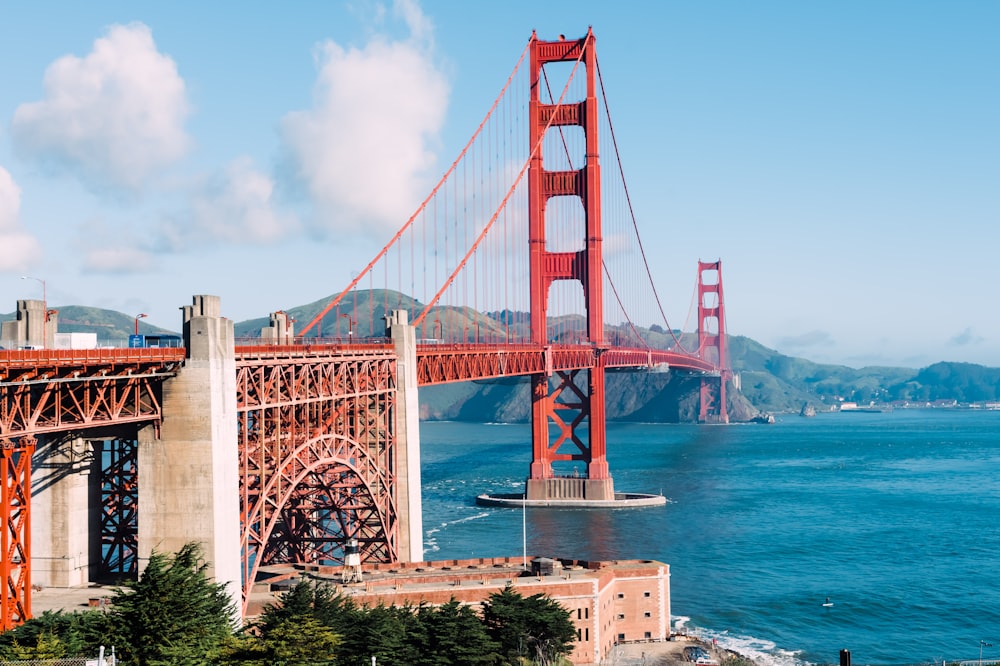 close-up of red suspension bridge