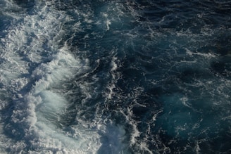 Waves in a deep blue ocean with frothy whitecaps creating a dynamic and textured water surface.
