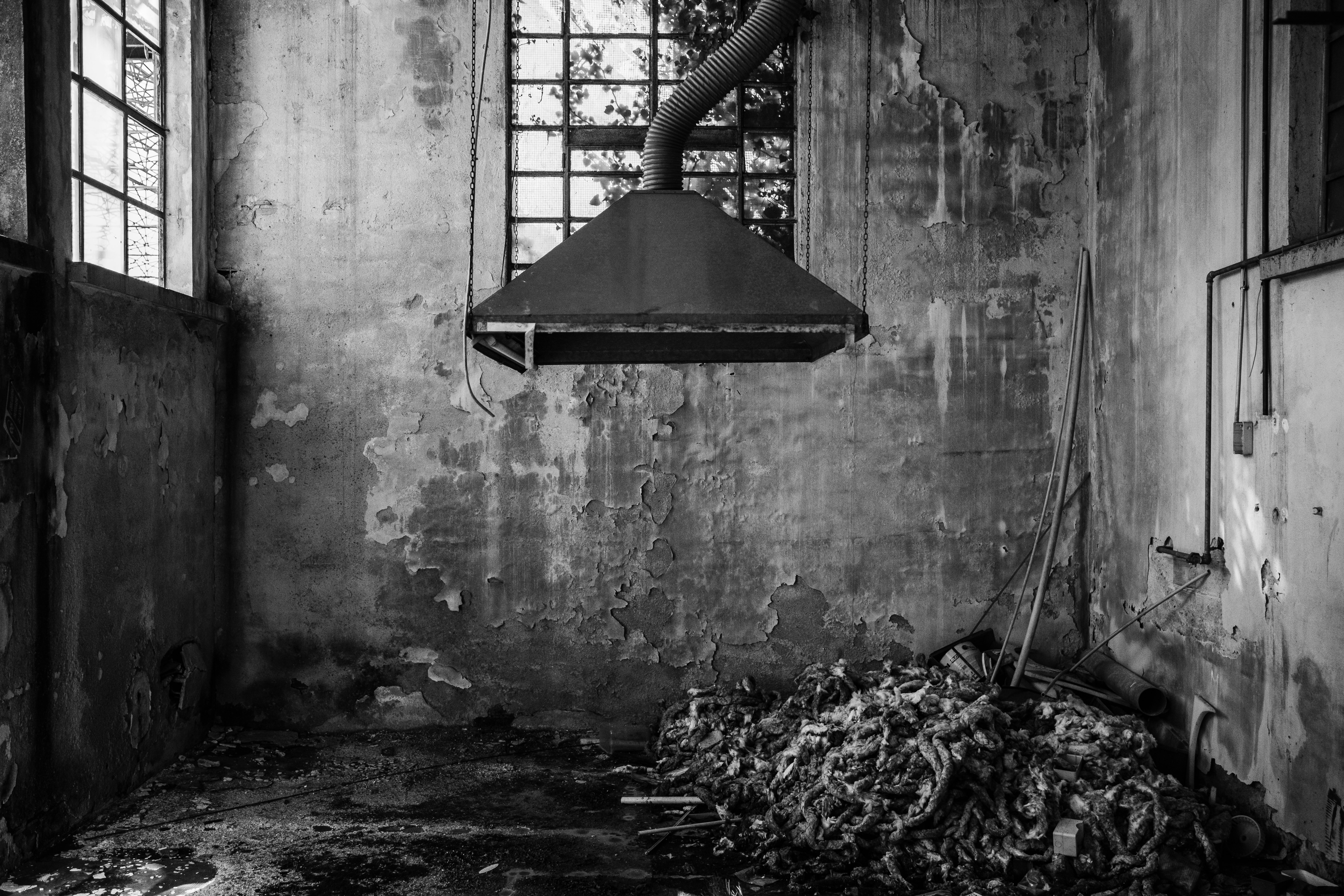 grayscale photography of kitchen hood