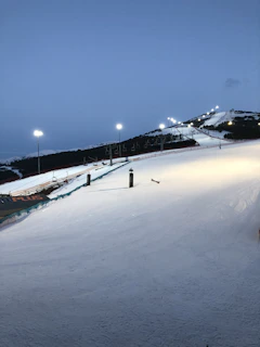 SnowArena Druskininkai illuminated at night with skiers and snowboarders on the slopes