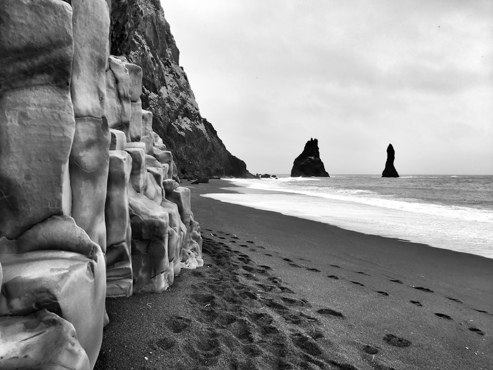 grayscale photo of beach