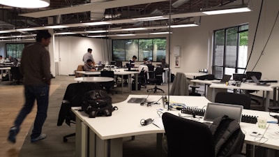 Open-plan office area with collaborative workstations.