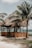 A rustic beach hut made of wooden materials with a thatched roof stands near the shore. The structure is surrounded by large palm trees, and the ocean extends into the horizon, creating a serene coastal scene.