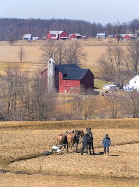 A rural landscape with a farmer working in the field with horses pulling a plow. In the background, there is a red barn, other farm buildings, and open fields extending to the horizon. Bare trees indicate a late fall or early spring setting.