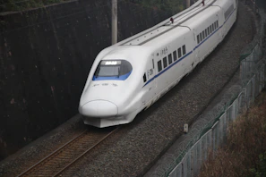 The sleek bullet train speeding through the scenic countryside between Tokyo and Kyoto.