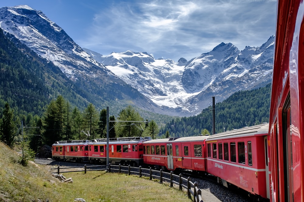 red and white train near green field viewing mountain and green trees