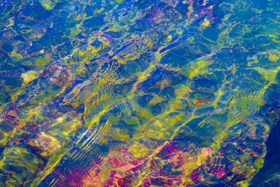 Vibrant ripples of water displaying a kaleidoscope of colors, including blues, greens, yellows, and hints of magenta, create a mesmerizing and dynamic visual effect.