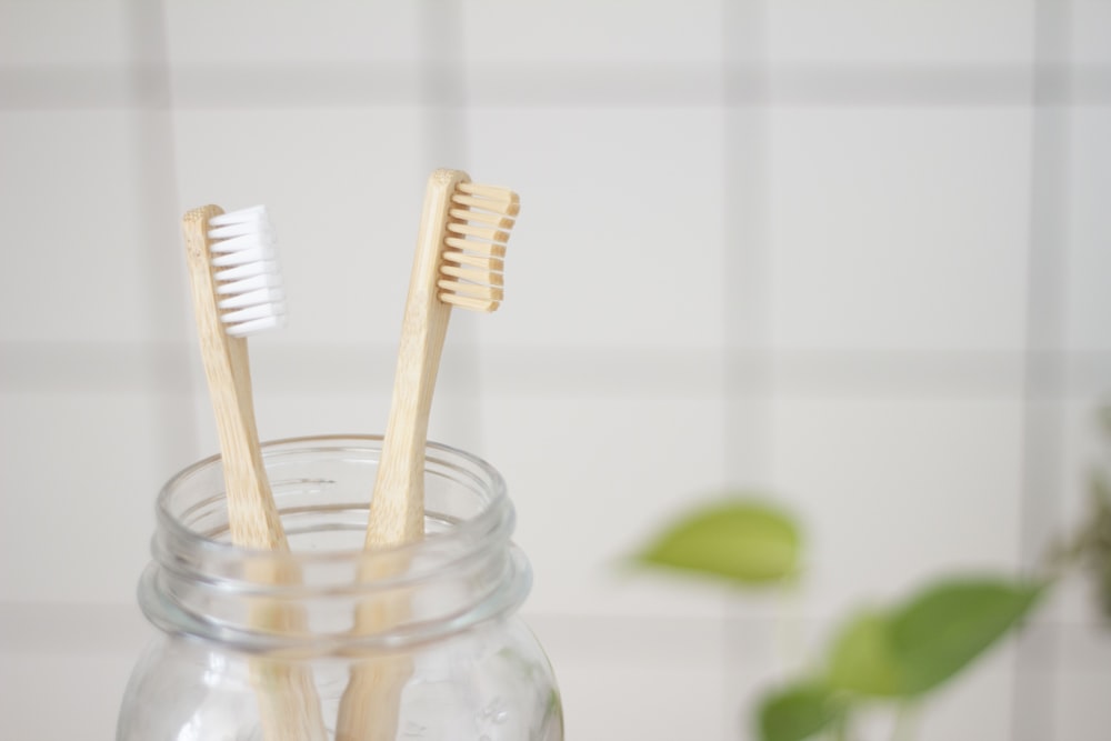 deux brosses à dents dans un pot Mason