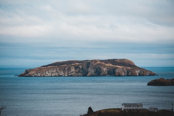 An island with rocky terrain and sparse vegetation sits in the middle of a calm sea under a partly cloudy sky. In the foreground, there is a house with a light-colored roof, surrounded by trees and grass.