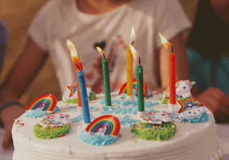 unicorn rainbow Birthday cake with five assorted-color candles