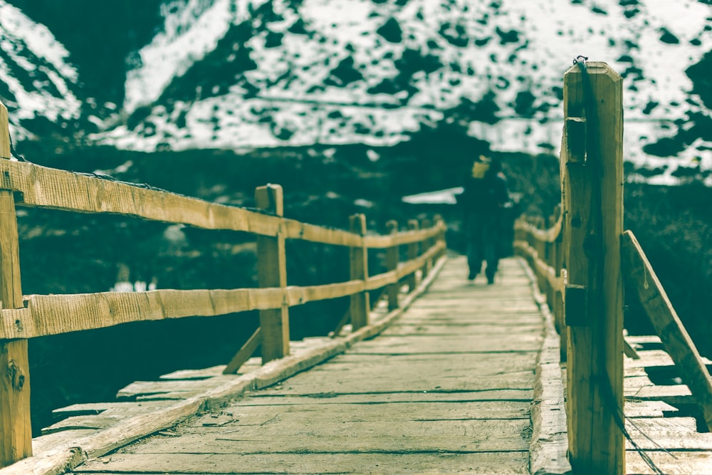 person walking on wooden bridge