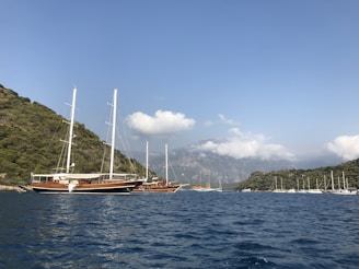Sailboats anchored in a peaceful bay surrounded by lush green hills on Lefkada island.