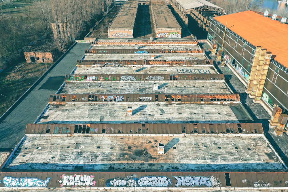 an aerial view of a building with graffiti on it