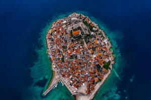 aerial photo of buildings and body of water