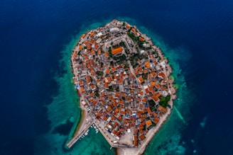 aerial photo of buildings and body of water