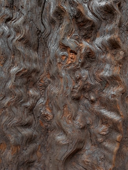 A close-up view of a textured wooden surface, showcasing intricate and wavy grain patterns. The natural lines and swirls of the wood are highlighted, and the surface appears to have different shades of brown and gray, giving it a rustic and organic feel.