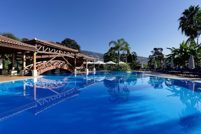 A serene swimming pool with a spa area in a sunny environment.