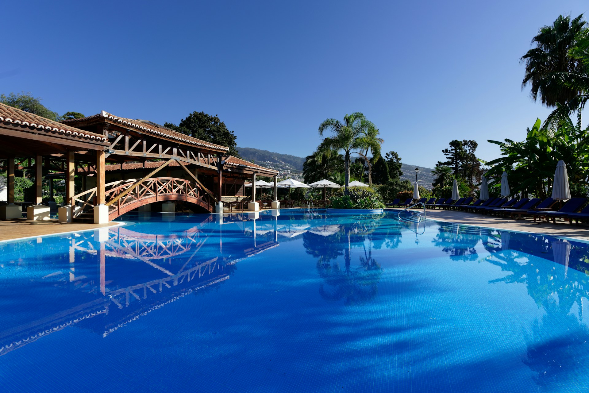 A serene swimming pool at Sentosa Edge Punawale surrounded by lush landscaped gardens under a clear blue sky.
