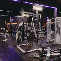 A gym equipped with various weightlifting machines, benches, and barbells. The environment is dimly lit with neon purple lights accentuating the modern gym interior.